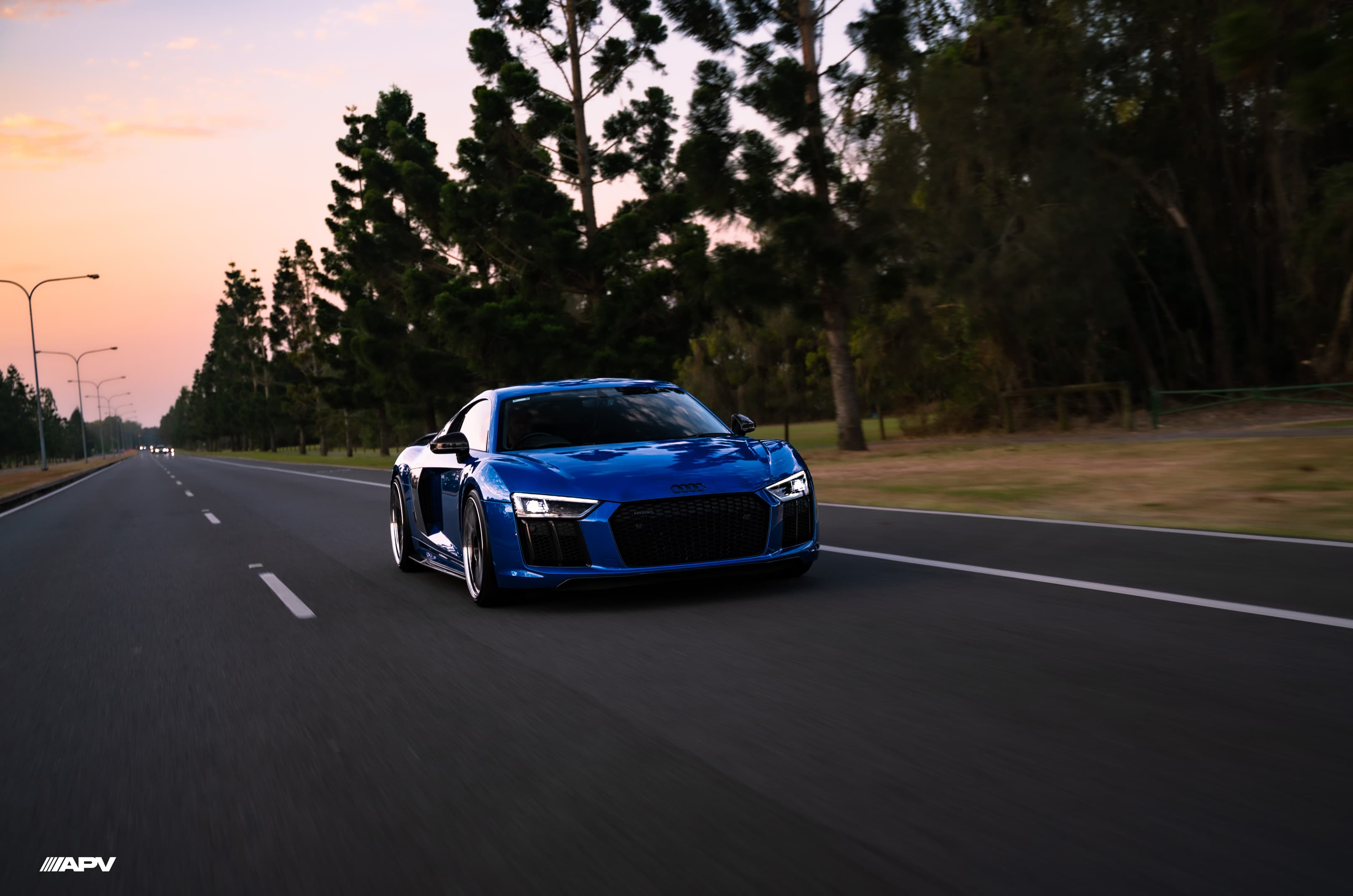Blue R8 — dusk road